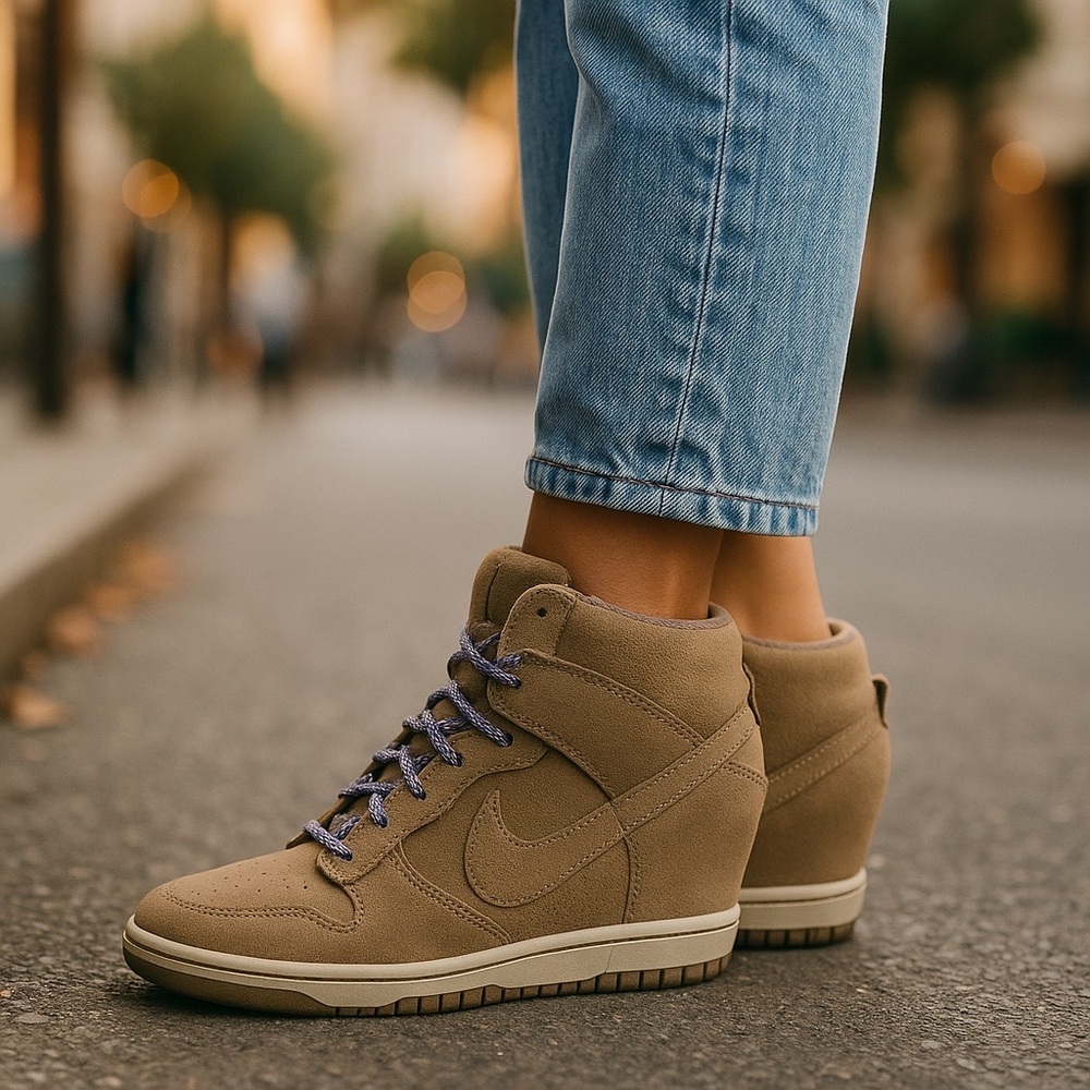 Nike Tan Suede Dunk Sky Highs Sneakers with Blue Accents